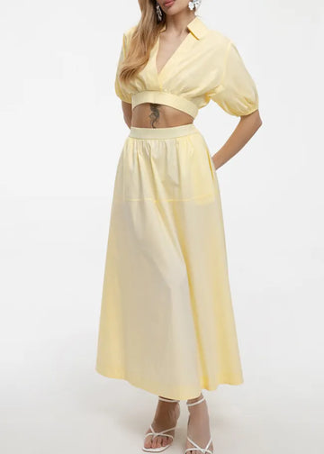 Yellow V Neck Crop Top Midi Skirt Set