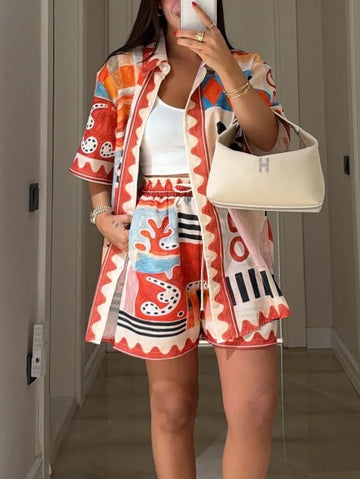 Orange Abstract Geometric Print Short-sleeved Shirt And Shorts Set