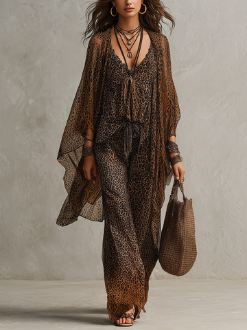 Bohemian Gradient Leopard Print Flowing Robe Three-piece Set