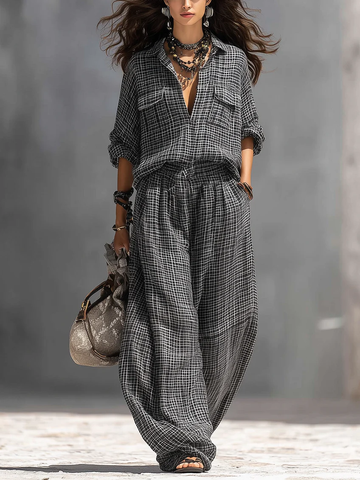 Black And White Checkered Shirt And Wide-leg Lantern Pants Suit