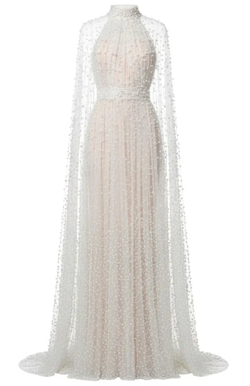 Pearl Cape Sleeves Maxi Dress White