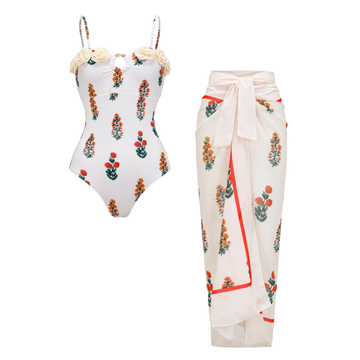 Flaxmaker Flower decor Printed One Piece Swimsuit and Sarong