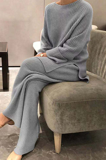 Long-sleeved solid color knitted casual sweater two-piece