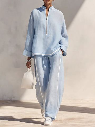 Women's Light‐Blue Linen Stand‐Collar Half‐Zip Oversized Top & Wide‐Leg Pants Set