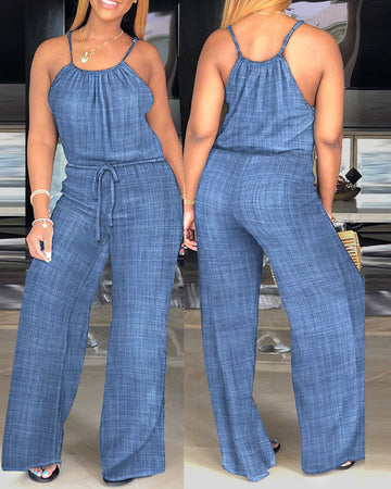 Womens Spaghetti Strap Drawstring Tied Waist Jumpsuit Casual Overalls