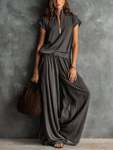 Casual grey textured zip-up top and trousers set