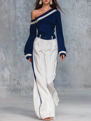 Vintage Charming One-shoulder Top And Wide-leg Pants Set