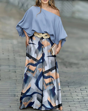 2 Pieces Outfit Skew Neck Batwing Sleeve Stretchy Hem Top and Casual Abstract Print Zipper Fly Elastic Back Waist Wide Leg Pants Set without Belt