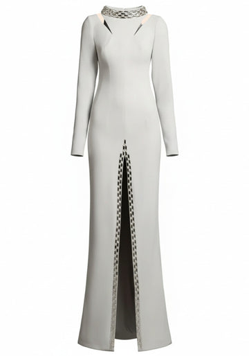 Long Sleeve Crystal Maxi Dress Light Grey