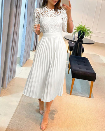 Stand Collar Puff Sleeve Lace Hollow-out Party Dress Zipper Back Pleated Dress