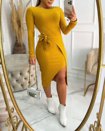 Round Neck Tied Detail Asymmetrical Hem Casual Dress