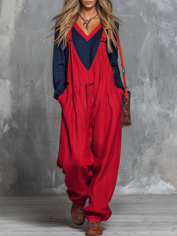Retro Bohemian Style Color-blocked Cotton And Linen Top And Overalls Set