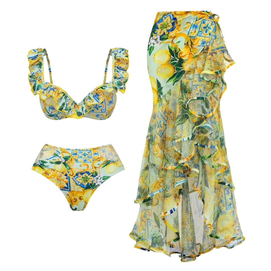 Lemon Print Ruffle Strap Bikini Swimsuit and Mesh Splicing Sarong Flaxmaker