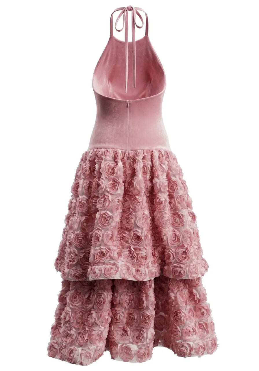 Halter Floral Ruffle A Line Maxi Dress Pink