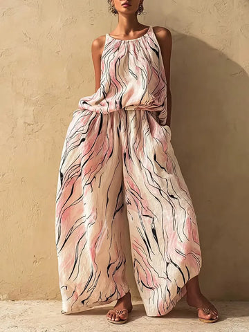 Pink White Gradient Striped Print Camisole And Wide-leg Pants Set