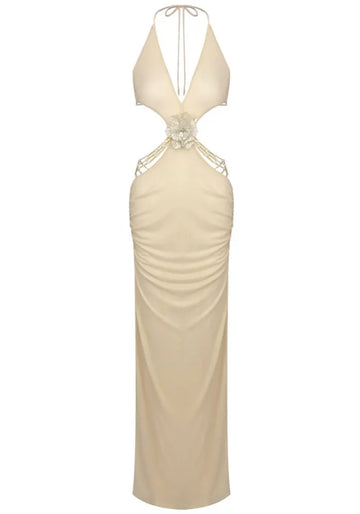 Halter Floral Backless Maxi Dress Gold