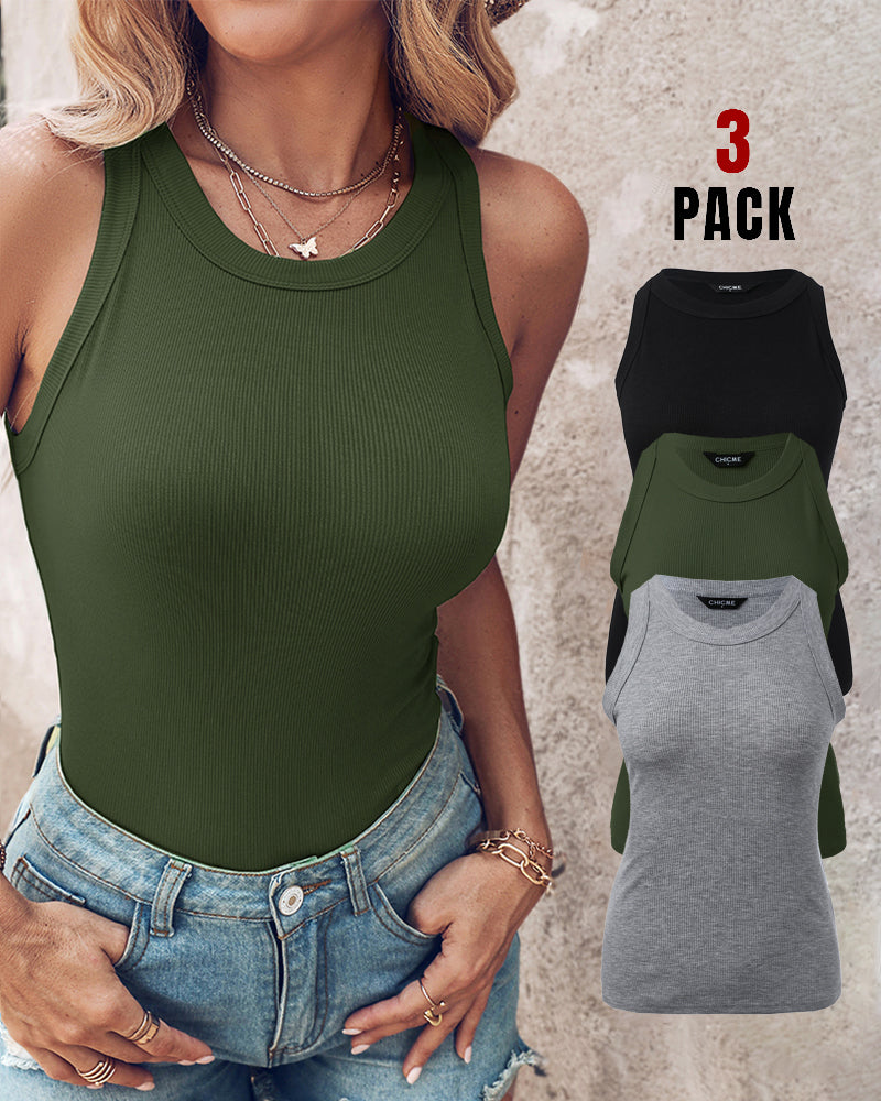 3 Pack Knit Round Neck Thick Strap Racerback Tank Tops(Without Pads)