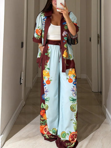 Brown And Blue Color-blocked Floral Print Shirt And Wide-leg Pants Suit