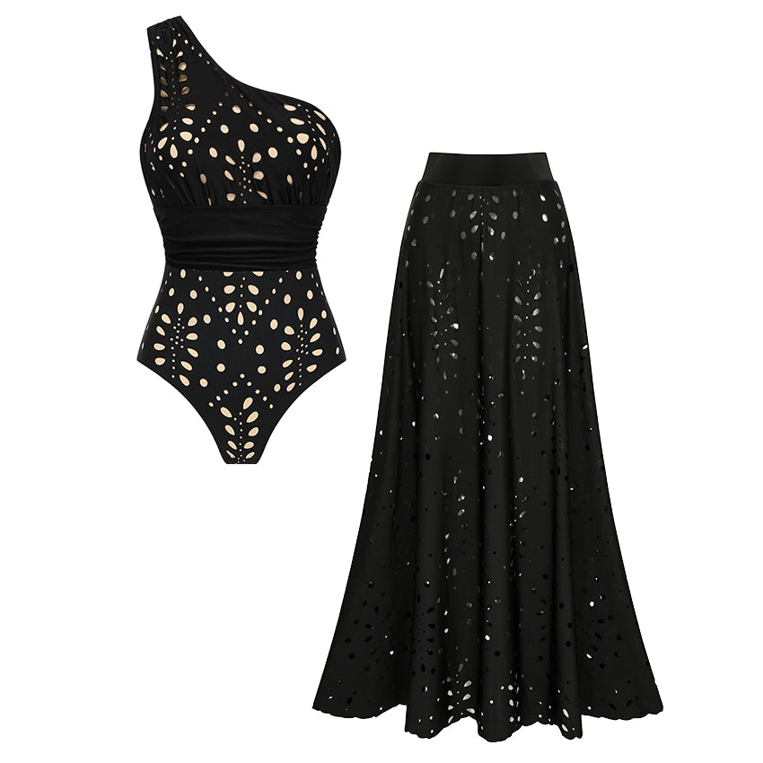 One Shoulder Tummy Control Black Laser Cutting Flower Swimsuit Set(s)