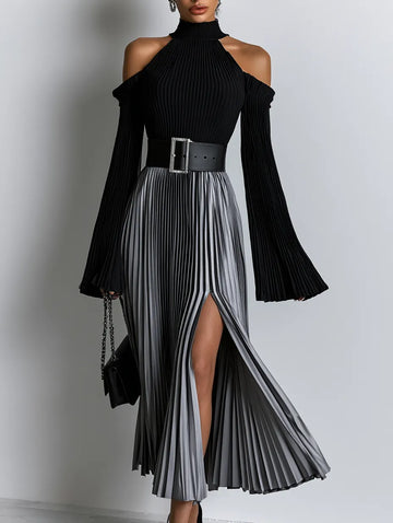 Off-Shoulder Knit Top and Pleated Skirt Elegant Two-Piece Set