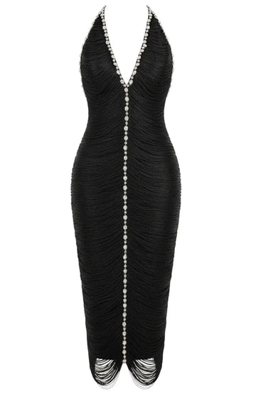 Halter Crystal Tassel Midi Dress Black