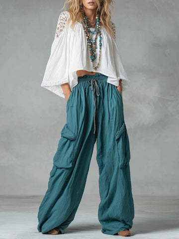 Vintage bohemian cutout lace shirt and cargo pants set