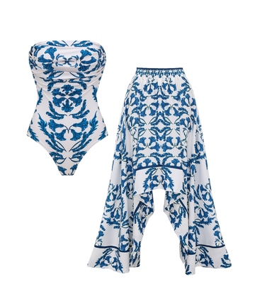 Strapless Style Frilled Printed One Piece Swimsuit and Skirt