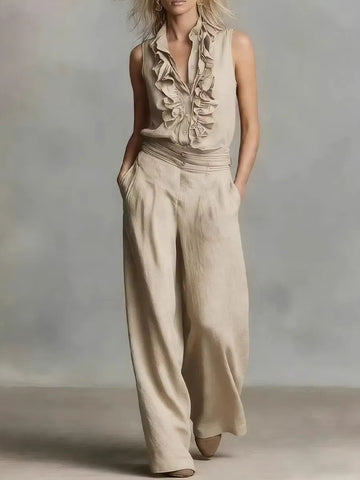 Beige Ruffle Sleeveless Top Wide Leg Pant Set