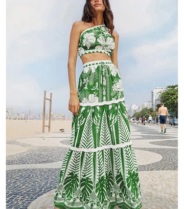 One Shoulder Green Flower Printed Bikini Swimsuit and Skirt
