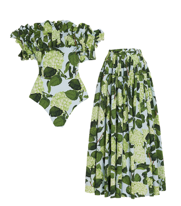 Off Shoulder Hydrangea Print Ruffle One Piece Swimsuit and Skirt Flaxmaker