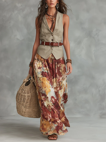 Beige Sleeveless Vst With Oil Pinting Floral Skirt Set(with belt)