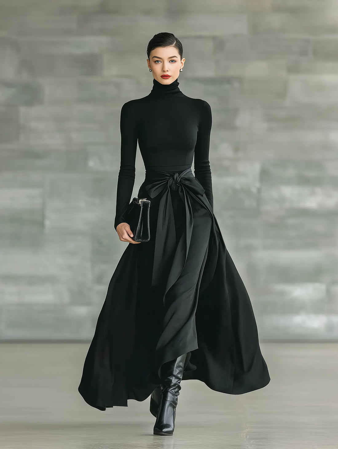 Women's Black High-Neck High-Stretch Knitted And Satin Flared Maxi Dress MDA2851J4T