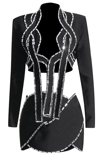 Long Sleeves Embellished Two Piece Dress Black