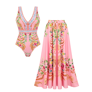 V-neck Baroque Floral Print Swimsuit set(s)
