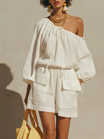 White Off-shoulder Drawstring Neck Cargo Pocket Shorts Jumpsuit