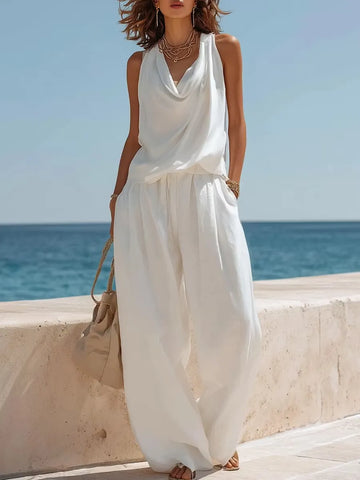 White Sleeveless Top Wide Leg Pants Matching Set