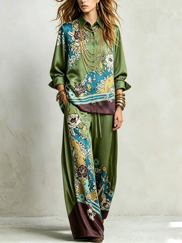 Bohemian Green Floral Print Shirt And Drawstring Wide-leg Pants Suit