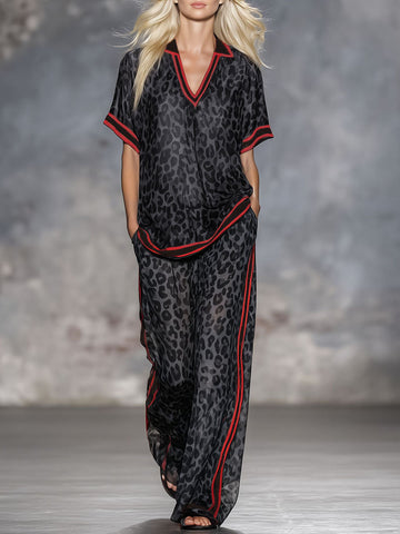 Leopard Print Chiffon Short-sleeved Top And Trousers Set