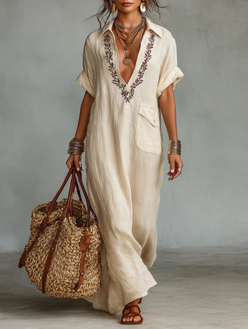 Women's Collared Cotton Linen Printed Casual Long Dress