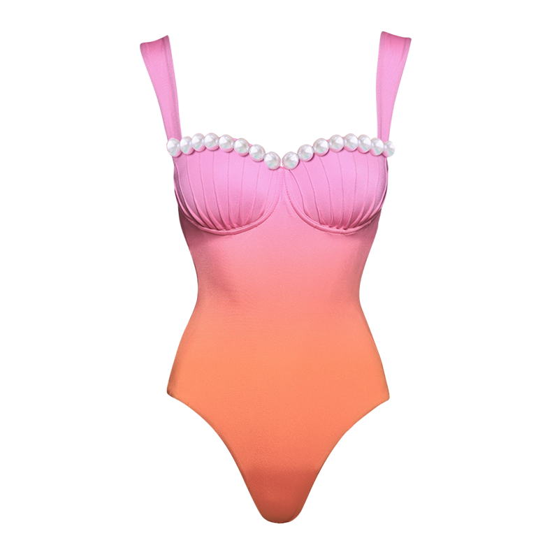 Sling Artificial Pearl Decor Color Block One Piece Swimsuit and Skirt