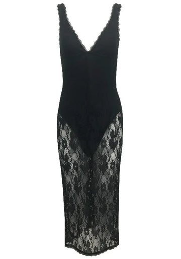 Scalloped Lace Midi Dress Black