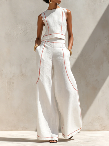 Women's Minimalist Linen-Blend Blouse & Wide-Leg Pants Set