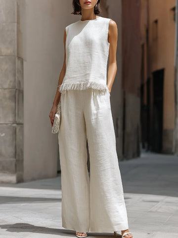Minimalist sleeveless raw-edge top and trousers set