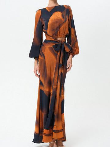 Navy and brown abstract-print reversible top and skirt set