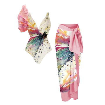 V Neck Ruffle Butterfly Print One Piece Swimsuit and Sarong Flaxmaker