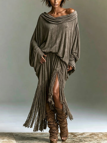 Loose-Fit Batwing Sleeve Long Tassels Two-Piece Set