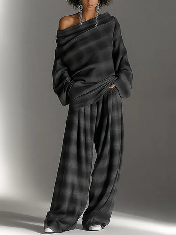 Loose Off-Shoulder Plaid Top and Pants Chic Two-Piece Set