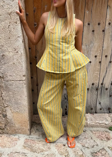 Yellow Striped Sleeveless Ruffle Top Loose Pant Set