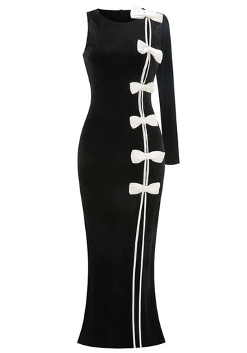 One Sleeve Bow Detail Maxi Velvet Dress Black White