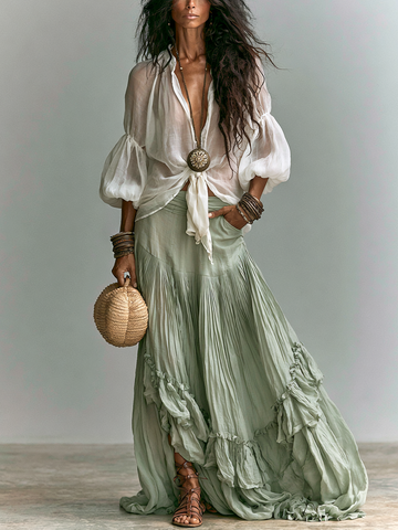 Lantern-Sleeve Shirt and Ruffled Skirt Bohemian Two-Piece Set